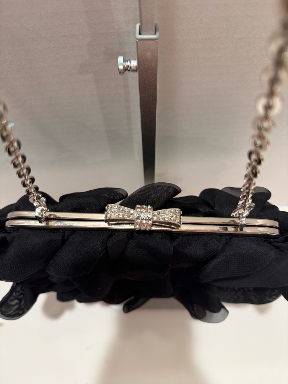 Elegant Black Ruffled Chain-Handle Clutch with Crystal Detail - Picture 2 of 15